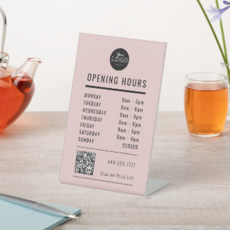 Signe De Table Business Opening Hours Black on Pink Logo QR Code