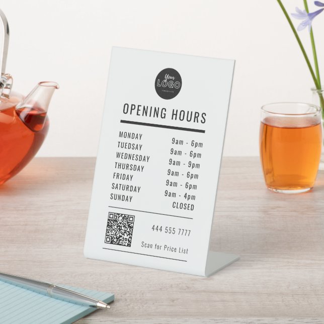 Signe De Table Business Opening Hours Black & White Logo QR Code (In SItu)