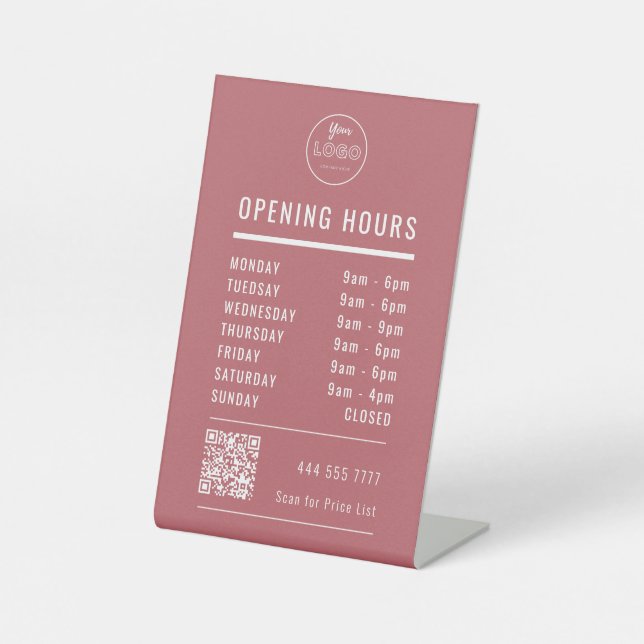 Signe De Table Business Opening Hours Logo QR Code on Dusty Red (Recto)