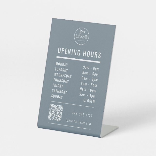 Signe De Table Business Opening Hours on Blue with Logo QR Code (Recto)
