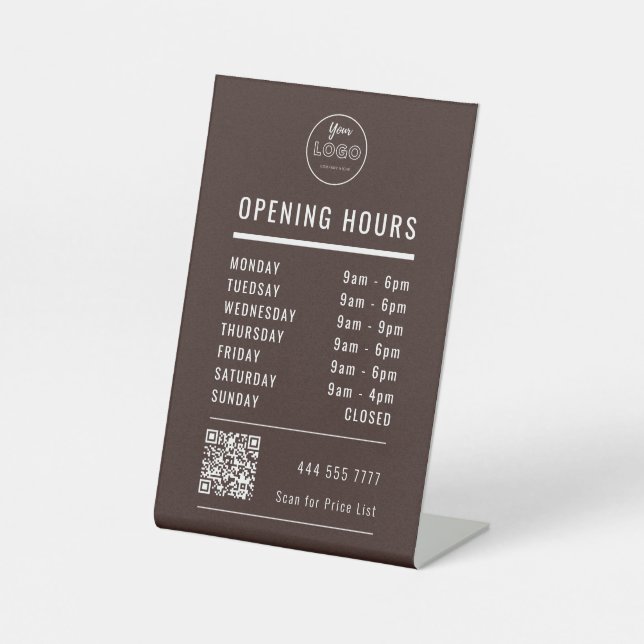 Signe De Table Business Opening Hours with Logo QR Code on Brown (Recto)