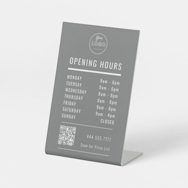 Signe De Table Business Opening Hours with Logo QR Code on Gray (Recto)