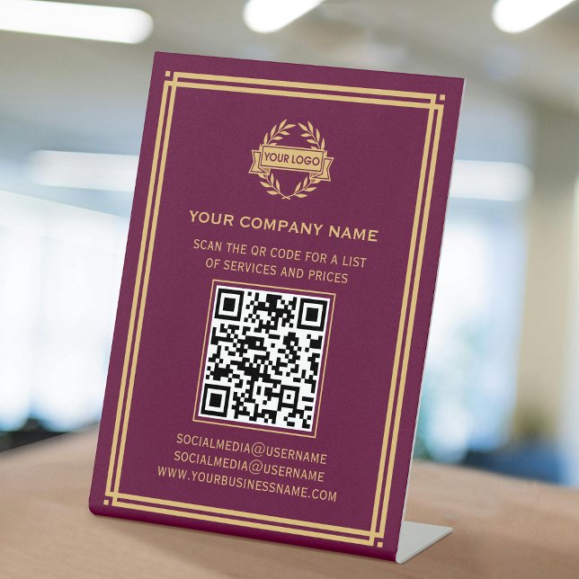 Signe De Table Business QR Code Logo Services clients Plum Gold (Créateur téléchargé)
