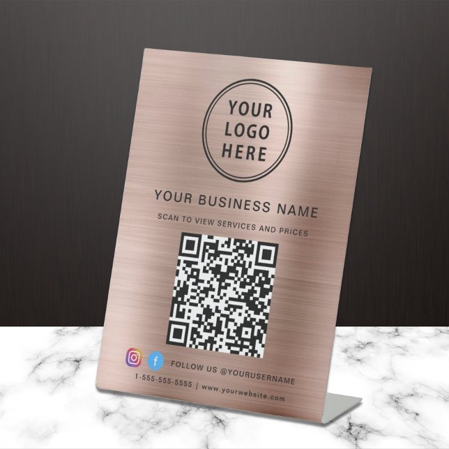 Signe De Table Business QR Code Logo Social Media Rose Gold (Créateur téléchargé)