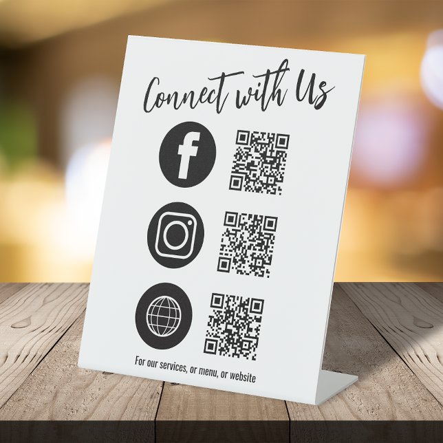 Signe De Table Business Tablett QR Code Simple Social Media (Connect with us Social Media and website sign with three QR Codes)