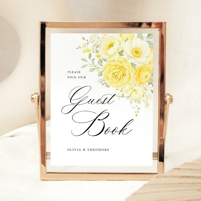 Signe De Table Butter Yellow Ivory Floral Guest Book Wedding (butter yellow floral wedding guest book sign elegant yellow ivory rose wedding guestbook table decor)