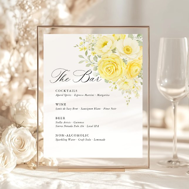 Signe De Table Butter Yellow Ivory Floral Wedding Bar Menu (butter yellow floral wedding bar sign, yellow rose cocktail menu, elegant reception table signage)