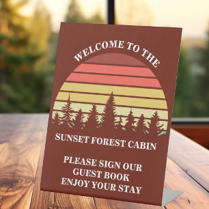 Signe De Table Cabane en bois personnalisée Forêt Coucher de sole