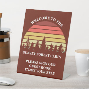 Signe De Table Cabane en bois personnalisée Forêt Coucher de sole