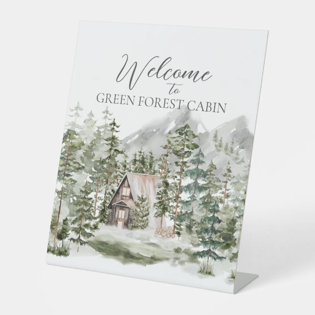 Signe De Table Cabine à l'aquarelle dans la forêt de pins verts b (Recto)