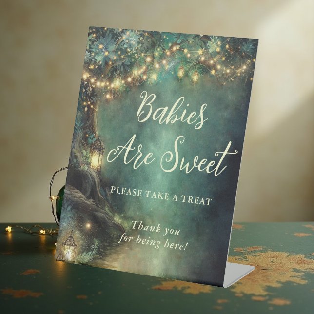 Signe De Table Cadeaux de Baby Shower Lanternes Forêt Enchantée  (favors table pedestal sign enchanted forest baby shower emerald green gold woodland)