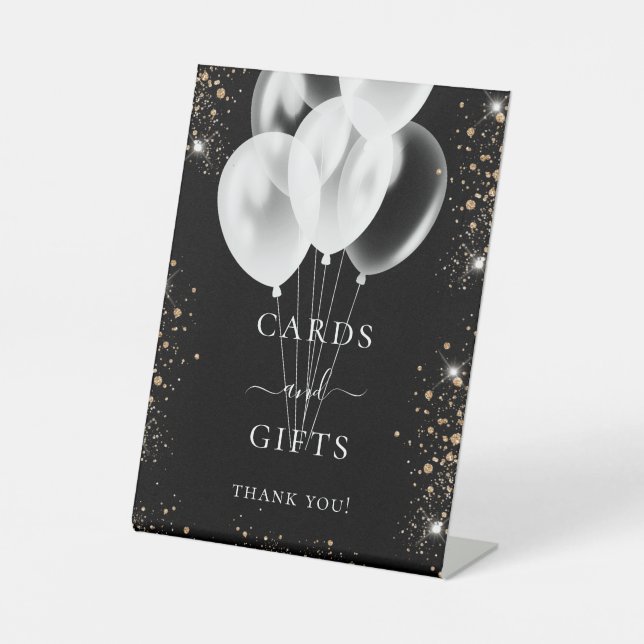 Signe De Table Cadeaux de ballons de glitter or noir cartes invit (Recto)