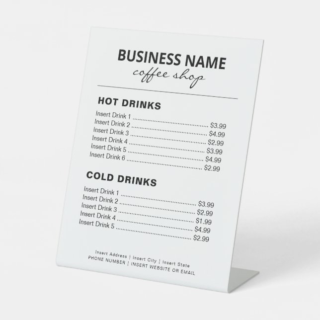 Signe De Table Café Shop Menu Petites entreprises Tarif Pedesta (Recto)