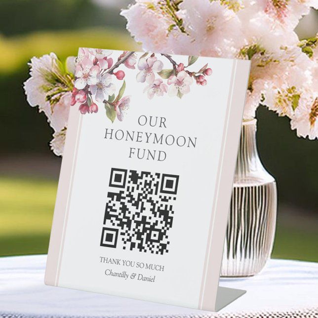 Signe De Table Caisse de Lune de Miel Code QR Fleur de Cerisier (Honeymoon Fund Sign from the Cherry Blossom Wedding Collection by Darling & May)