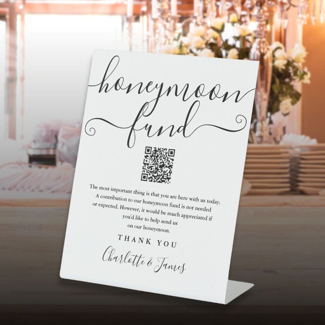 Signe De Table Caisse de lune de miel en noir et blanc Code QR (Black And White Honeymoon Fund QR Code Pedestal Sign)