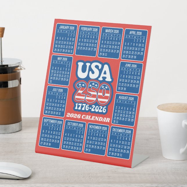 Signe De Table Calendrier 2026 - USA 250 Rouge Blanc Bleu (In SItu)