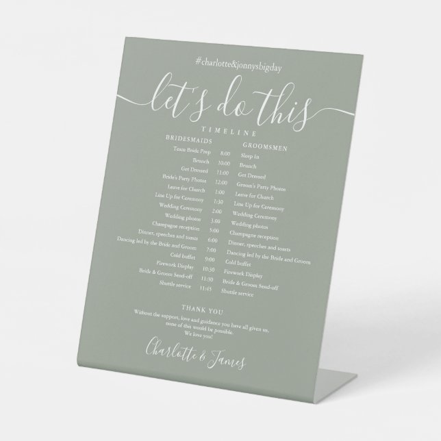 Signe De Table Calendrier de Mariage au Vert Sauge avec Écriture  (Recto)