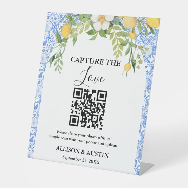 Signe De Table Capture amour QR code Bleu tuile et citron mariage (Recto)