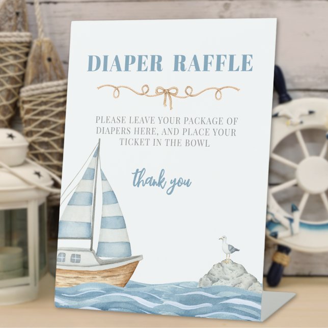 Signe De Table Carte de boîtier de broche de Baby shower Nautique (Nautical Baby Shower Diaper Raffle Enclosure Card Pedestal Sign)
