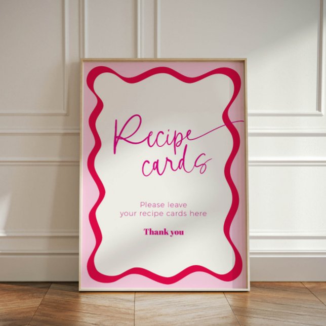 Signe De Table Carte de recette moderne couleur rose chaud (Recipe cards sign with hot pink wavy border design)