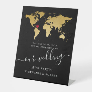 Signe De Table Carte du monde Destination Mariage Or Black Welcom