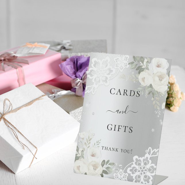 Signe De Table Cartes de fleurs en dentelle blanche argentée cade (Créateur téléchargé)
