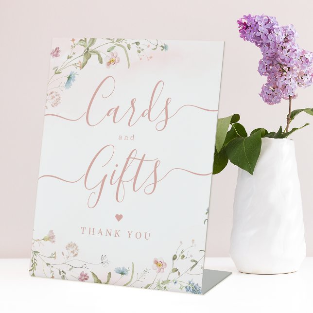 Signe De Table Cartes De Mariage Et Cadeaux Roses Fleurs sauvages (Pink Wildflower rustic Wedding Cards And Gifts Pedestal Sign)