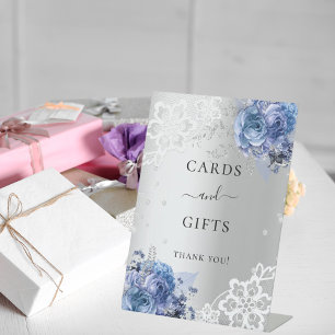Signe De Table Cartes en dentelle florale bleu argent cadeaux sig