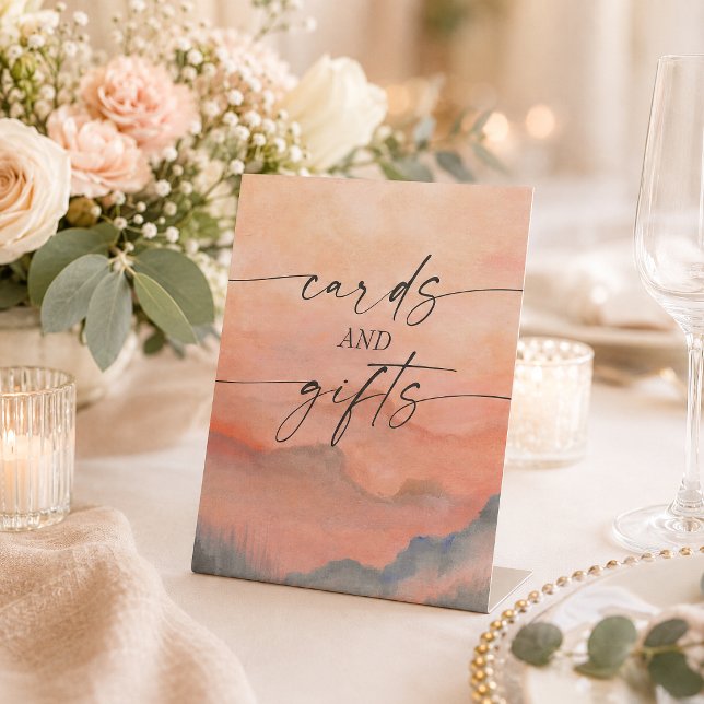 Signe De Table Cartes et cadeaux aquarelle coucher de soleil mont (Guide your guests to your reception drop-off station with the soft watercolor sunset mountain sign.)