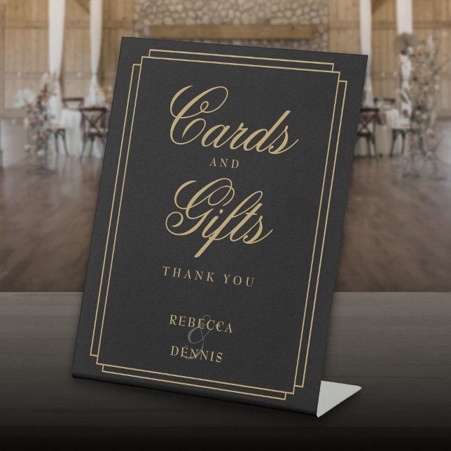 Signe De Table Cartes Et Cadeaux Art Déco Classique Noir Et Or (Classic Art Deco Black And Gold Cards And Gifts Pedestal Sign)
