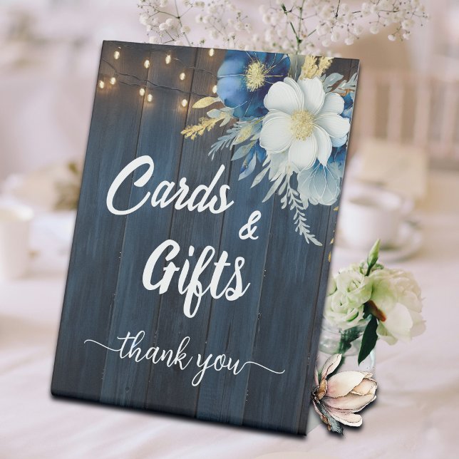 Signe De Table Cartes et cadeaux Bleu Bois Chaîne Lumières Floral (Créateur téléchargé)