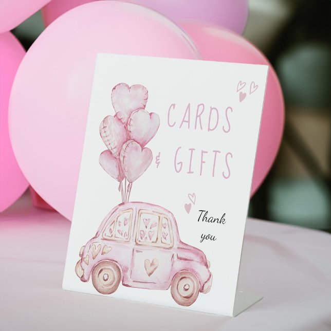Signe De Table Cartes et cadeaux d'anniversaire Ballons et voitur (Cards and Gifts Tabletop Sign with pink card and balloons)