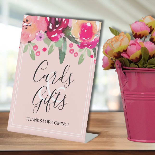 Signe De Table Cartes et cadeaux de Fête des mariées rose romanti (Romantic pink watercolor flowers bridal shower Cards & Gifts tabletop pedestal sign)
