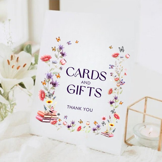 Signe De Table Cartes et Cadeaux de Fiançailles Bohème Fleurie (Boho watercolor wildflower cards and gifts sign for elegant purple bridal shower decor.)