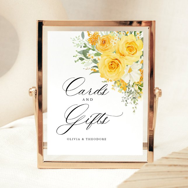 Signe De Table Cartes et Cadeaux de Fleurs Jaunes de Rose de Tabl (Yellow rose floral wedding cards and gifts sign, romantic wedding reception gift table signage)