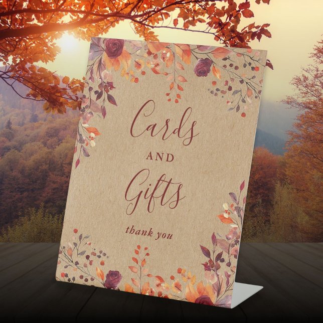 Signe De Table Cartes et cadeaux de Kraft rustique à thème floral (Rustic Kraft Floral Autumn Fall Cards And Gifts Pedestal Sign)