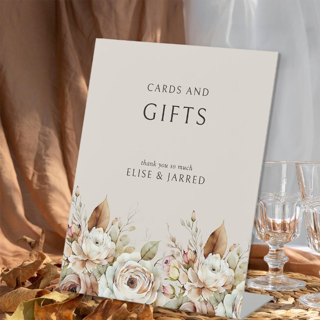 Signe De Table Cartes et cadeaux de Mariage de automne Floral rus (Cards and Gifts table sign from the Rustic Floral Brown Neutral Wedding Collection by Darling & May)