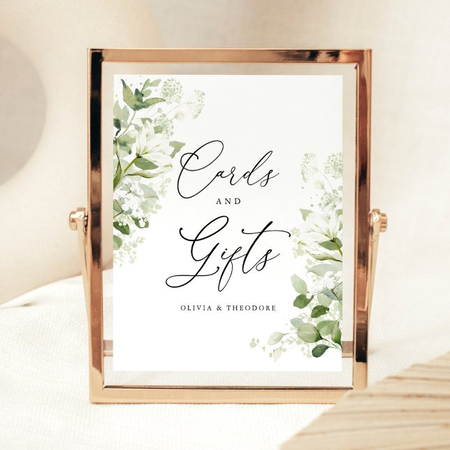 Signe De Table Cartes et Cadeaux de Mariage de Table Sage Organic (Sage green cards and gifts wedding sign with organic greenery watercolor botanical florals displayed)