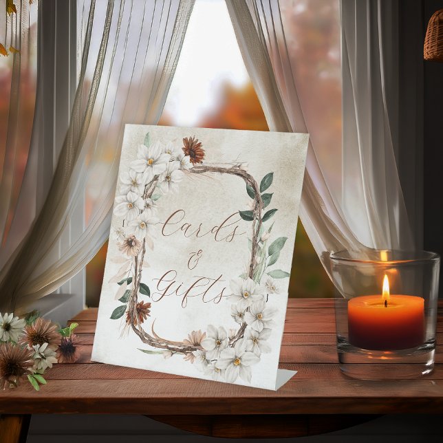 Signe De Table Cartes et cadeaux de mariage floraux bohémiens att (Boho Muted Fall Floral and Grapevine Wreath Bridal Shower Cards and Gifts Pedestal Sign)