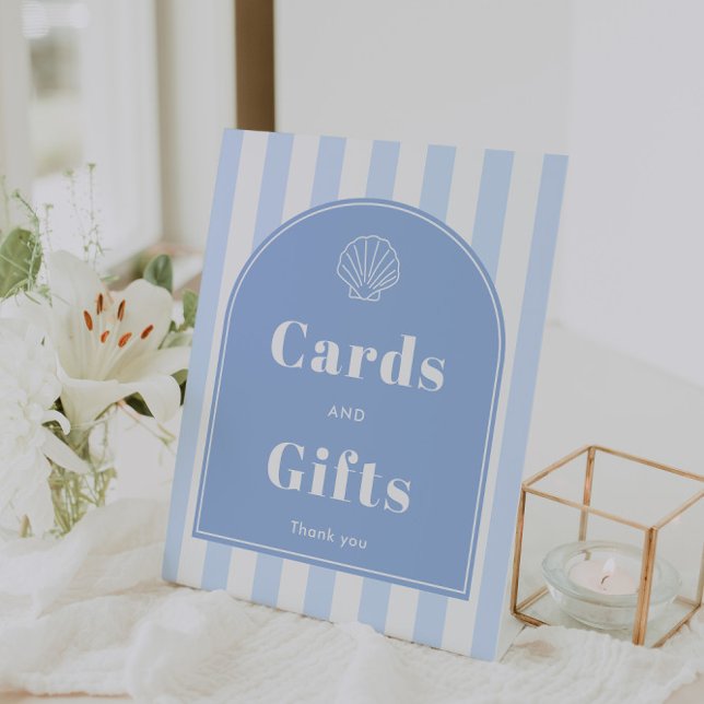 Signe De Table Cartes et cadeaux de mariage moderne côtier sous f (Coastal themed "Cards And Gifts" 8x10 pedestal sign with modern retro styling)