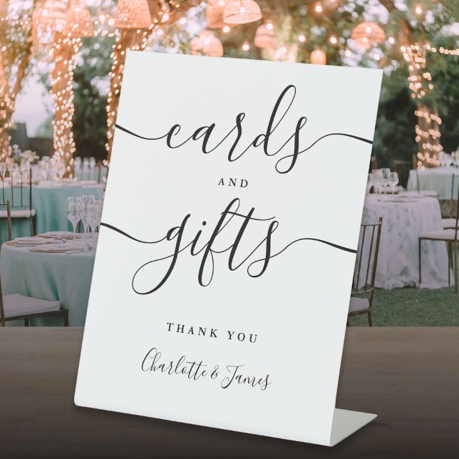 Signe De Table Cartes et cadeaux de signature de script noir et b (Black And White Signature Script Cards And Gifts Pedestal Sign)