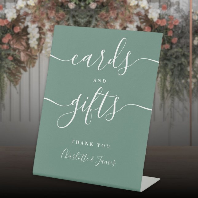 Signe De Table Cartes et cadeaux de signature de script vert d'eu (Eucalyptus Green Signature Script Cards And Gifts Pedestal Sign)