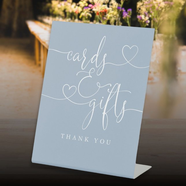 Signe De Table Cartes et cadeaux Dusty Blue Heart Script (Dusty Blue Heart Script Cards And Gifts Pedestal Sign)