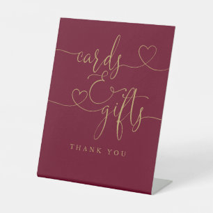 Signe De Table Cartes et cadeaux en Bourgogne et or écriture cœur