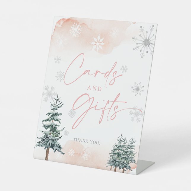 Signe De Table Cartes et cadeaux enseigne d'hiver rose et bleu (Recto)