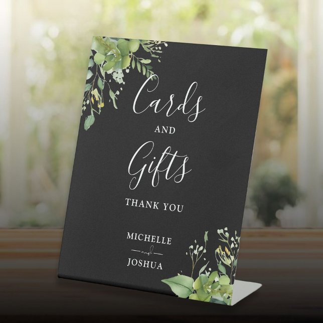 Signe De Table Cartes et cadeaux Fleurs de verdure Noir et Blanc (Greenery Floral Black And White Cards And Gifts Pedestal Sign)