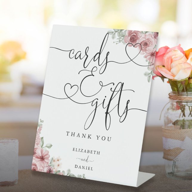 Signe De Table Cartes Et Cadeaux rose Floral Heart (Roses Floral Heart Script Cards And Gifts Pedestal Sign)