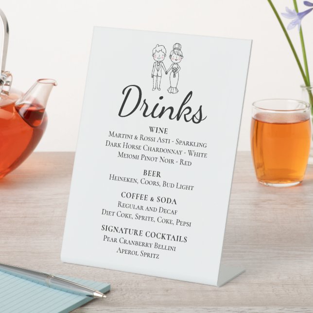Signe De Table Cartoon Bride Groom Mariage Whimsical Boissons Bar (In SItu)