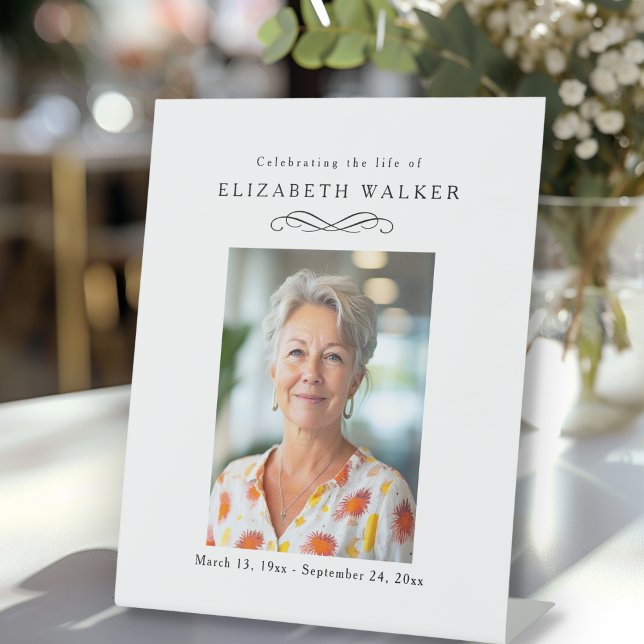 Signe De Table "Celebrating Life of" Photo Funeral Memorial  ("Celebrating Life of" Photo Funeral Memorial Pedestal Sign)