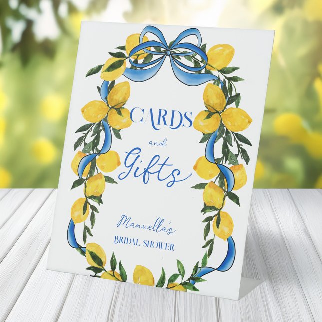 Signe De Table Céramique bleu citrons côtelette nuptiale (Lemons blue bow ribbon retro Italian bridal shower gifts table personalized pedestal sign)